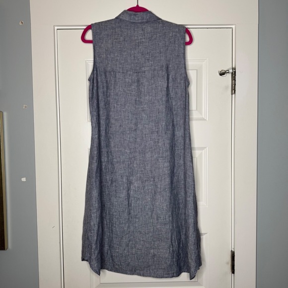 Magaschoni Blue Chambray Linen Button-Up Midi Shirt Dress Sleeveless Sz Medium - Picture 2 of 6